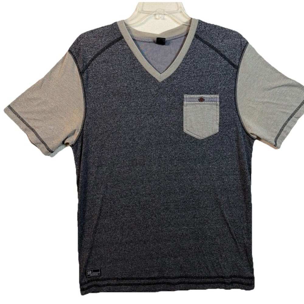 Distortion Mens Large V-Neck T-Shirt Gray Colorblock Pocket Short Sleeve